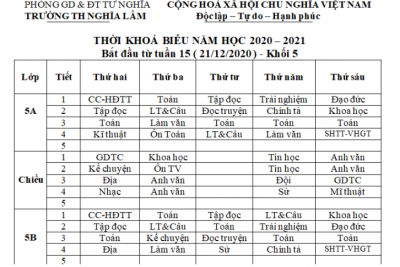 THỜI KHÓA BIỂU NĂM HỌC 2020 – 2021